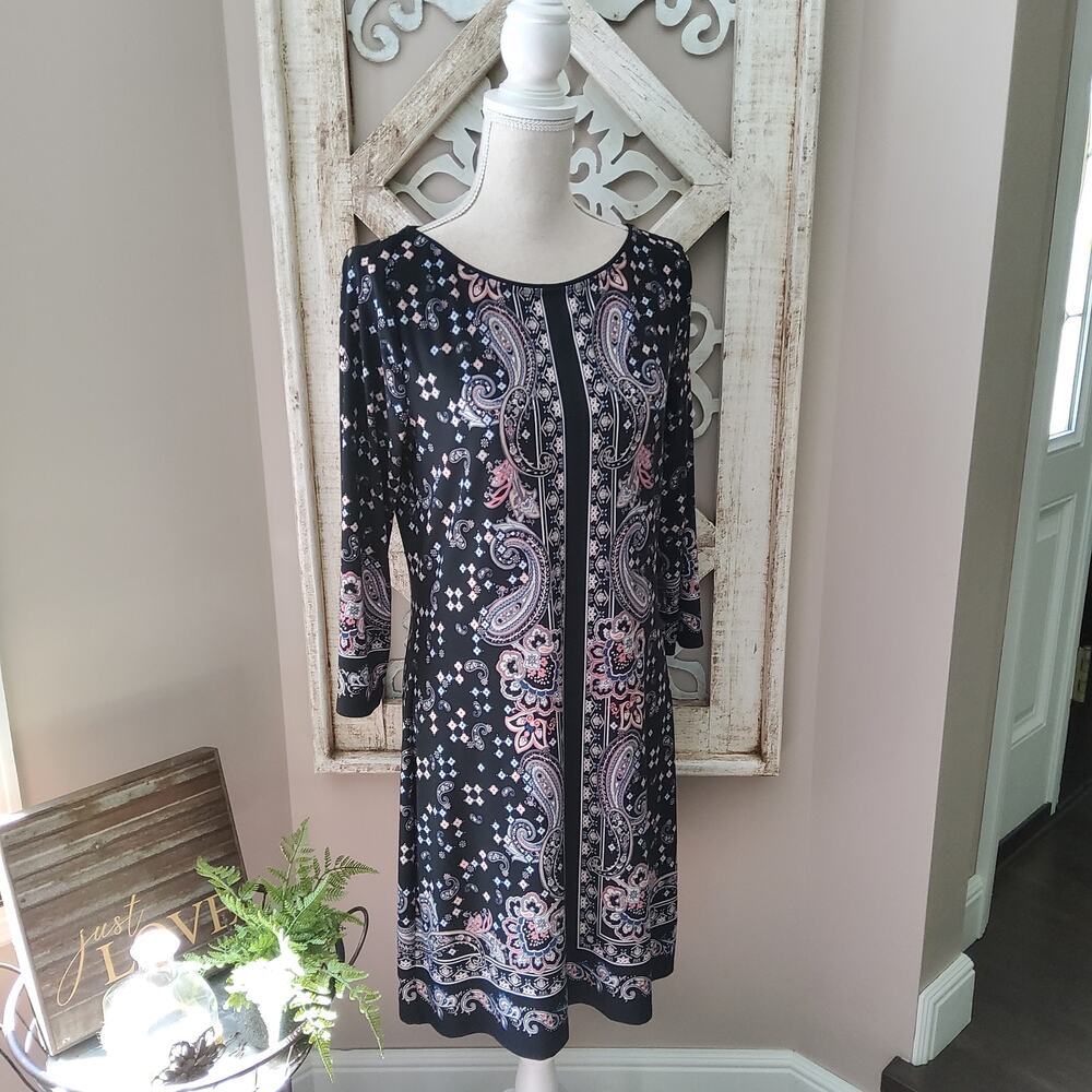 White House Black Market Women's Shift Sheath Midi Dress in Paisley Black Pink